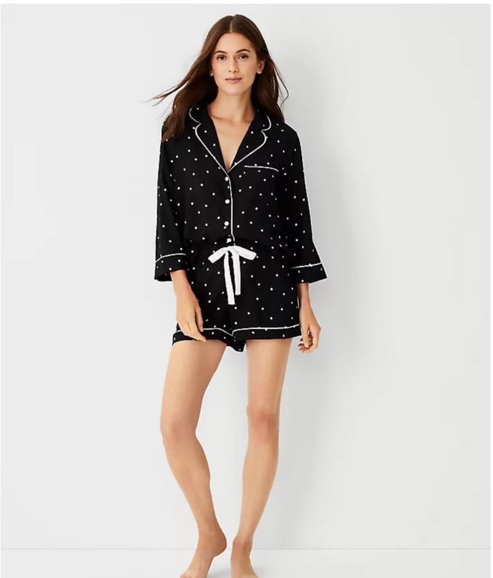 Ann Taylor 2 Piece Polka Dot Long Sleeve Shirt and Short Sleep Set Black Large